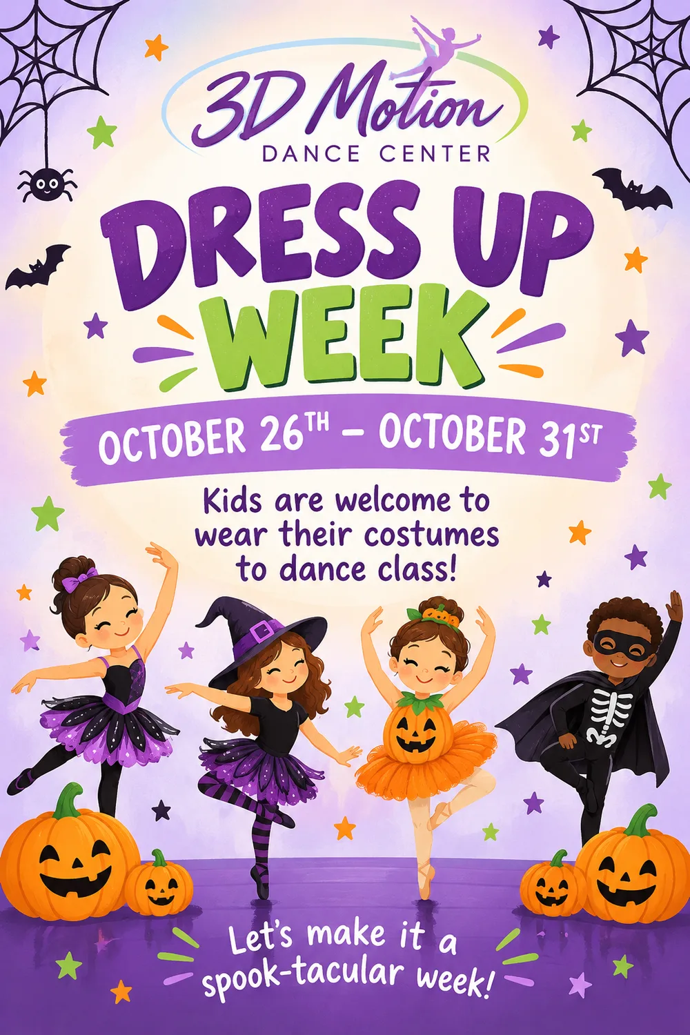 3D Motion Dance Center Dress Up Week flyer, October 26th to 31st, kids are welcome to wear their costumes to dance class